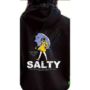 Black Graphic Hoodie Salty Umbrella Girl Print Hooded Sweatshirt